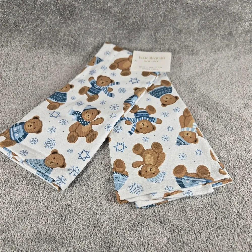 Isaac Mizrahi Kitchen Towels Teddy Bears Snowflakes Hanukkah‎ Theme Set of 2